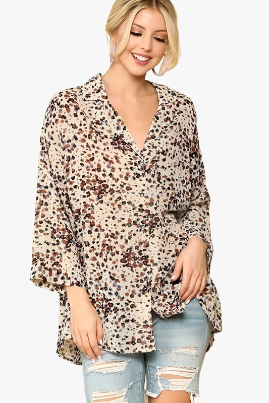 Animal Print Button Down Lapel Collar Shirt With Chest Pocket