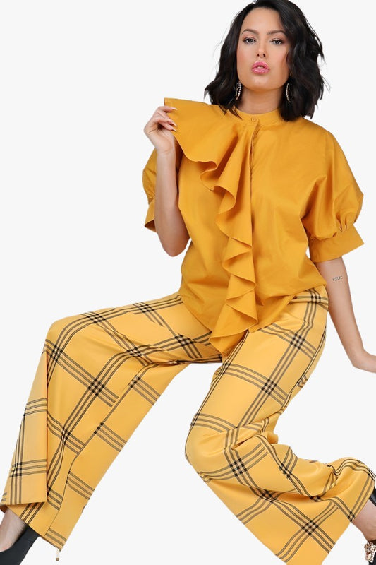 High Waist Plaid Print Wide Leg Pants