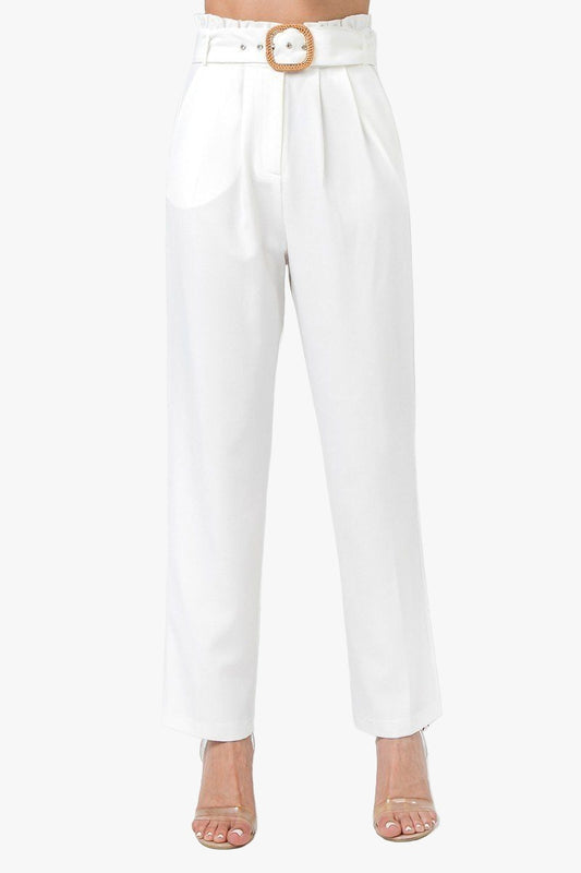 A Solid Pant Featuring Paperbag Waist With Rattan Buckle Belt