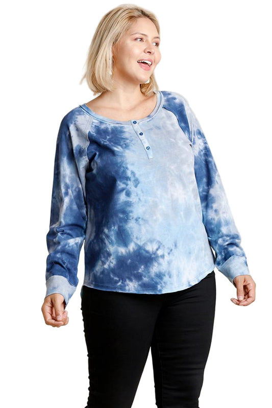 Tie-dye Button Front Long Raglan Sleeve Top With Raw Hem