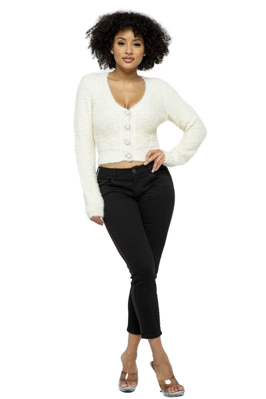 Eyelash Knit Cropped Cardigan With Pearl Button Details