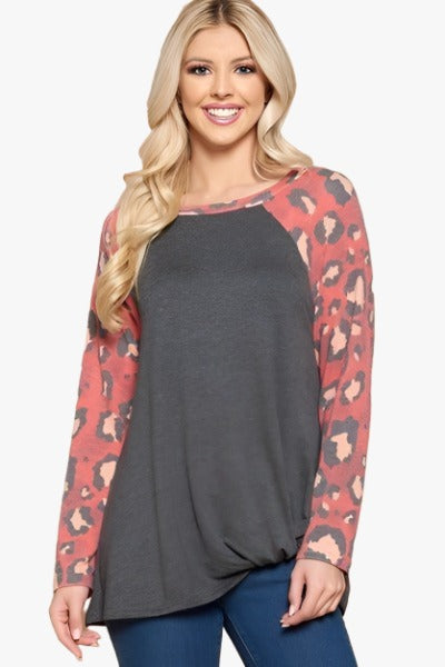 Casual French Terry Side Twist Top With Animal Print Long Sleeves