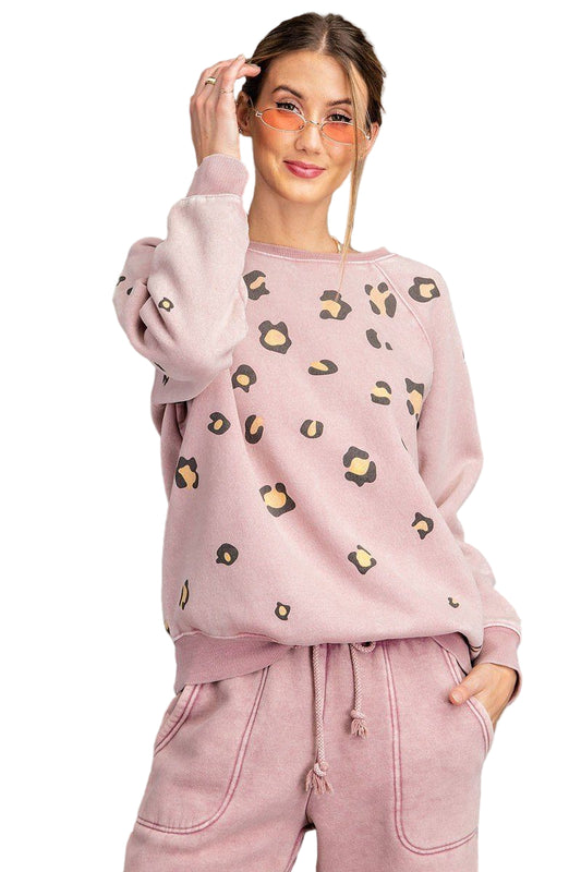 Long Sleeve Leopard Print Washed Terry Sweatshirt