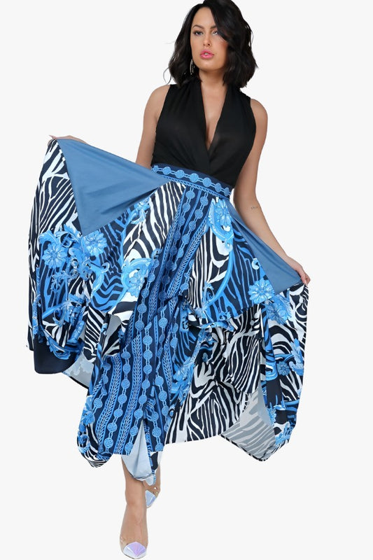 Animal Chain Print Denim Tacked Maxi Skirt In Black Gold