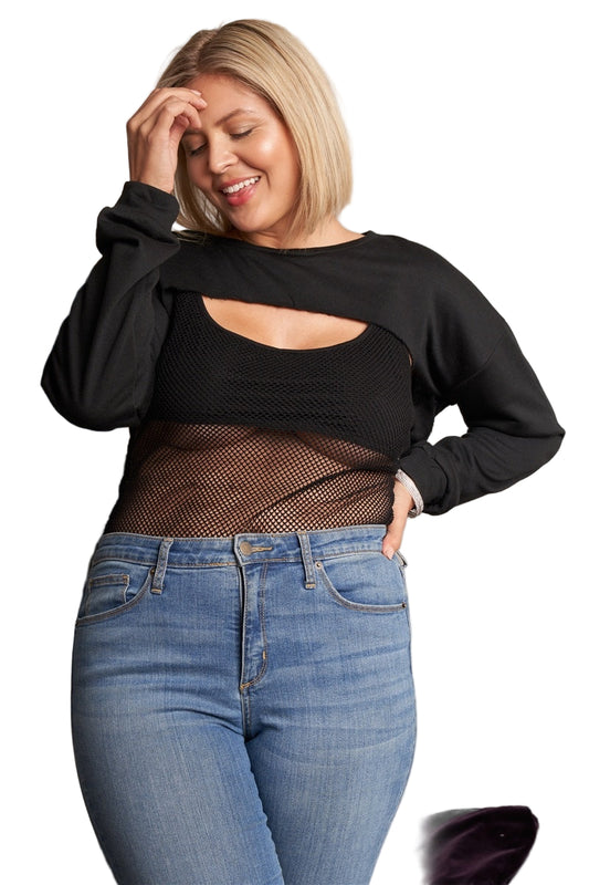 Plus Black Raw Hem Long Sleeve Crop Overtop & Beach Net Sheer Bodysuit Two-piece Set