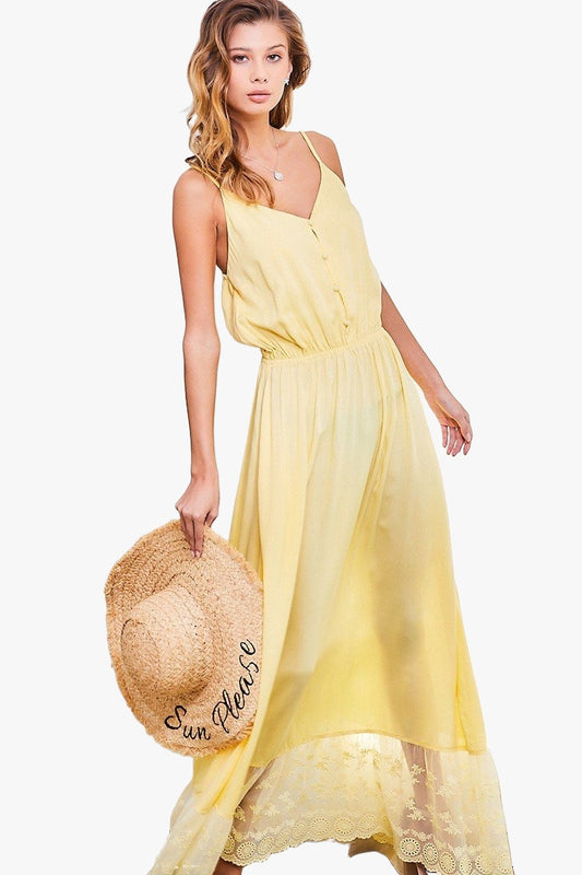 Adjustable Shoulder Strap Button Down Waist Elastic Bottom Contrast Lace Maxi Dress