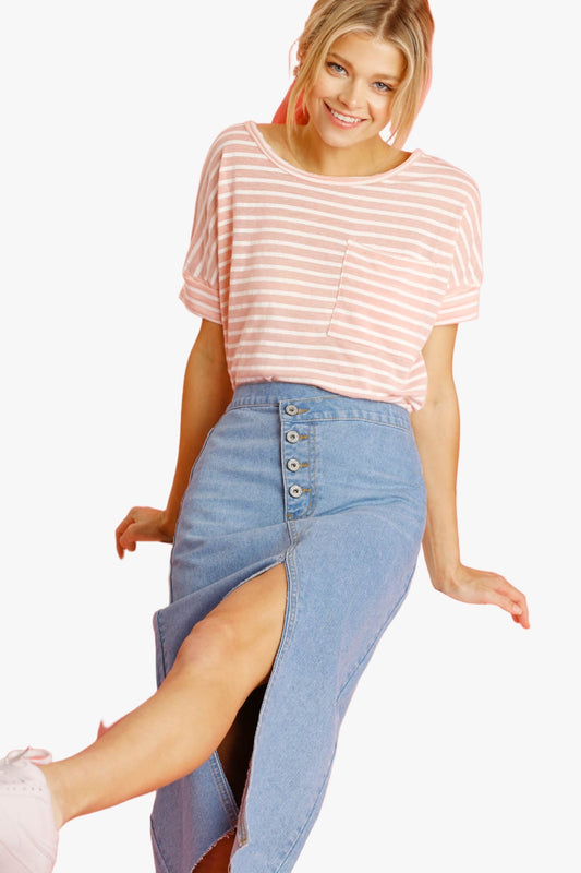 Asymmetrical Waist And Button Up Front Split Denim Skirt With Back Pockets And Unfinished Hem