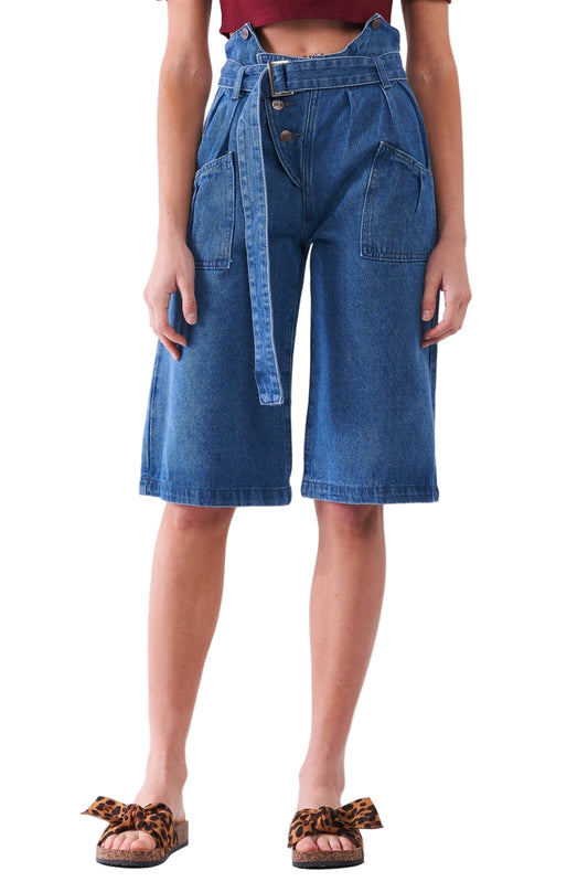 Mid Blue Denim Front Cut-out High-waist Buckle Self-tie Belt Detail Midi Flare Jean Pants