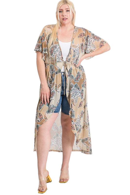 Short Sleeves Long-line Printed Mesh Open Cardigan