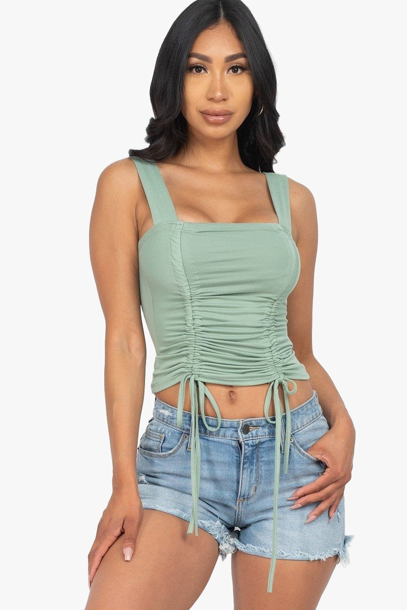 Adjustable Front Ruched With String Square Neck Crop Tops