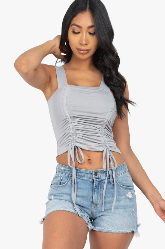 Adjustable Front Ruched With String Square Neck Crop Tops