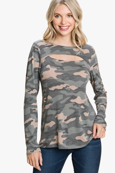 Army Camo Printed Cut Out Neckline Long Sleeves Casual Basic Top