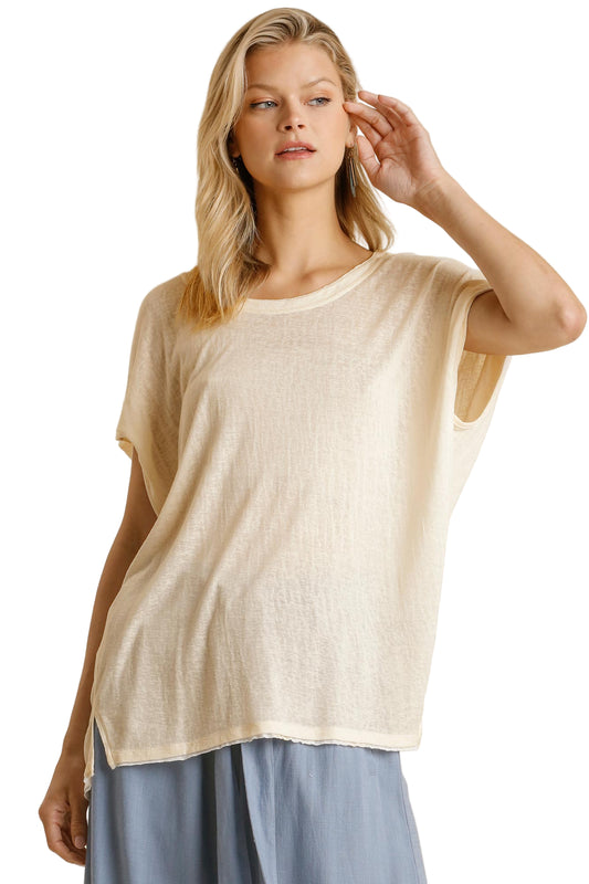 Short Sheer Dolman Sleeve Scoop Neck Top With Side Slit