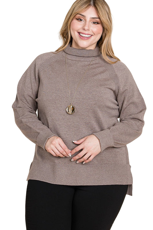 Plus Size High Quality Buttery Soft Solid Knit Turtleneck Two Tone High Low Hem Sweater