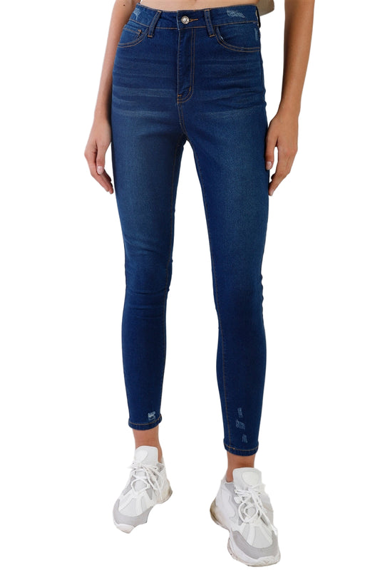 Dark Blue High-waisted With Rips Skinny Denim Jeans