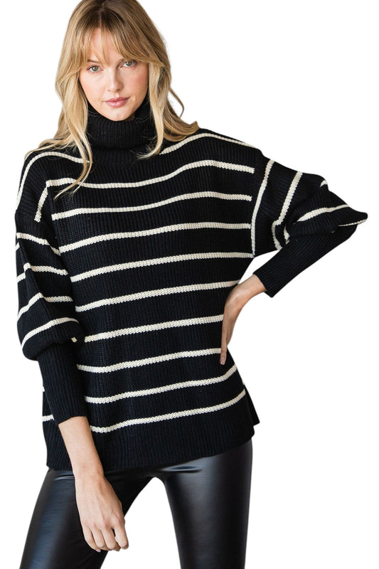 Heavy Knit Striped Turtle Neck Knit Sweater