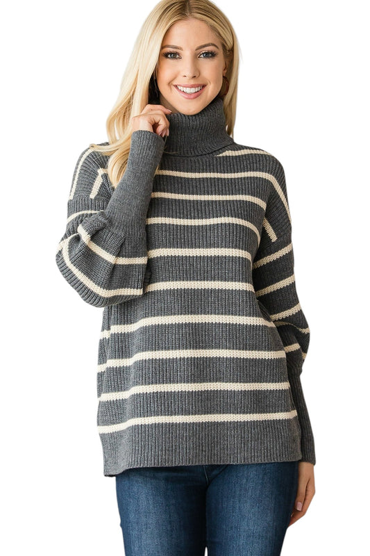 Heavy Knit Striped Turtle Neck Knit Sweater