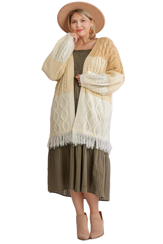 Patchwork Knitted Open Front Cardigan Sweater With Frayed Hem