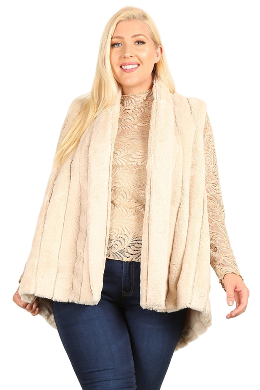 Plus Size Faux Fur Vest Jacket With Open Front, Hi-lo Hem, And Pockets