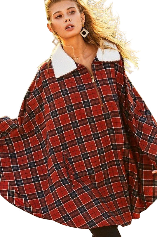 Mock Neck With Zipper Contrast Inside Front Pocket Plaid Poncho