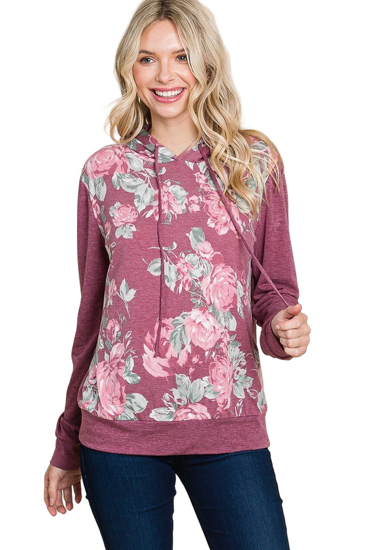 Floral Printed Contrast Hoodie With Relaxed Fit And Cuff Detail