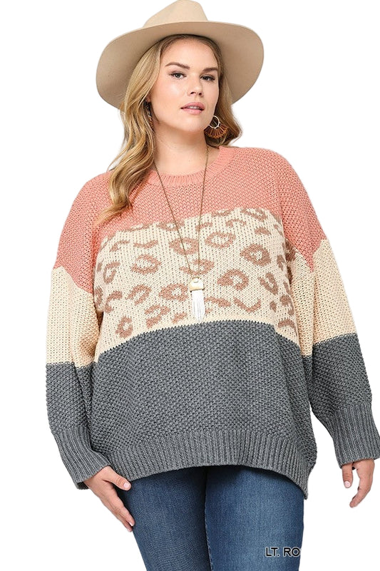 Color Block And Leopard Pattern Mixed Pullover Sweater