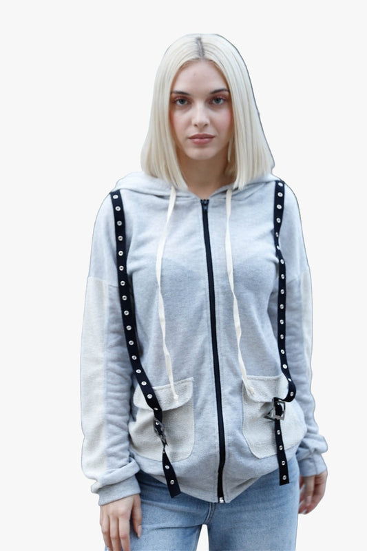 Belt & Reversed Details Zip-up Hooded Sweater