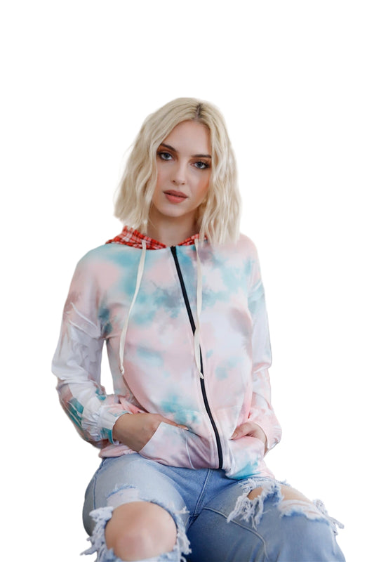 Feather & Tie-dye Print Contrast Plaid Hood Sweater