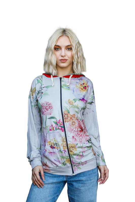 Grey Pink Flower Print Contrast Double Hood Sweater