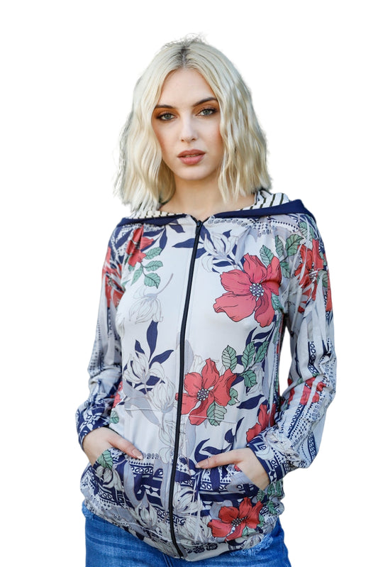 Navy Rust Flower Print Zip-up Contrast Striped Hood Sweater