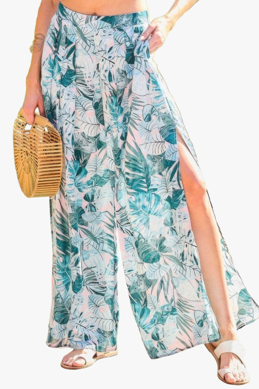 Back Elastic Waist Band Side Pockets Pleat Side Open Slit Tropical Print Pants