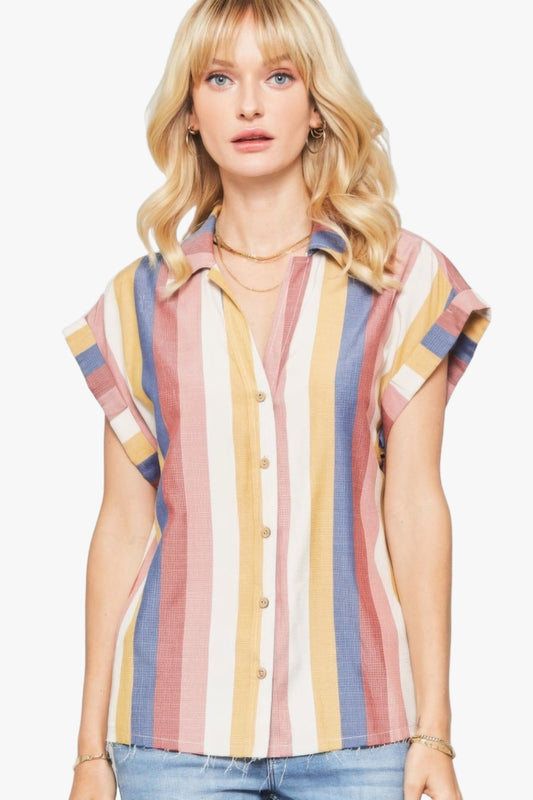 A Woven Shirt In Multicolor Striped With Collared Neckline