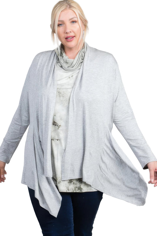 Waist Seam Shark Bite Long Sleeve Open Solid Cardigan