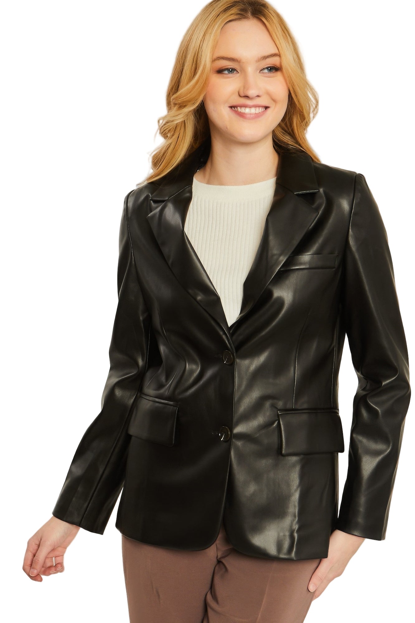 Pu Woven Solid Blazer