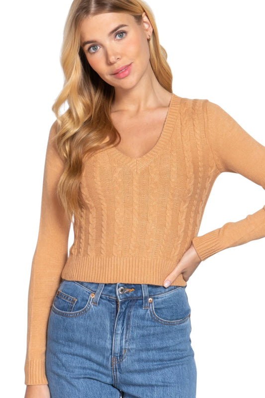 Long Sleeve V-neck Cable Sweater