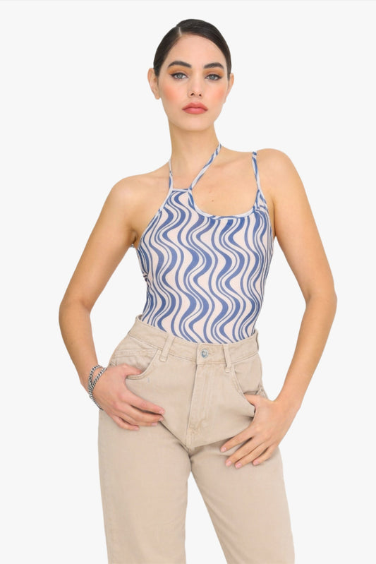 Cream & Blue Wave Print Mesh Asymmetrical Neck Self-tie Strap Bodysuit