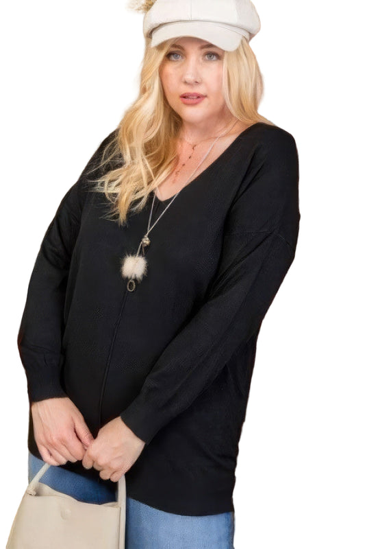 Plus Size V Neck 3/4 Sleeve Side Slit Hi-lo Sweater
