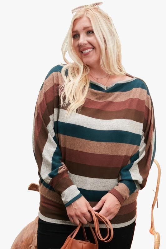 Boat Neck Long Bubble Sleeve Multi Stripe Print Knit Top