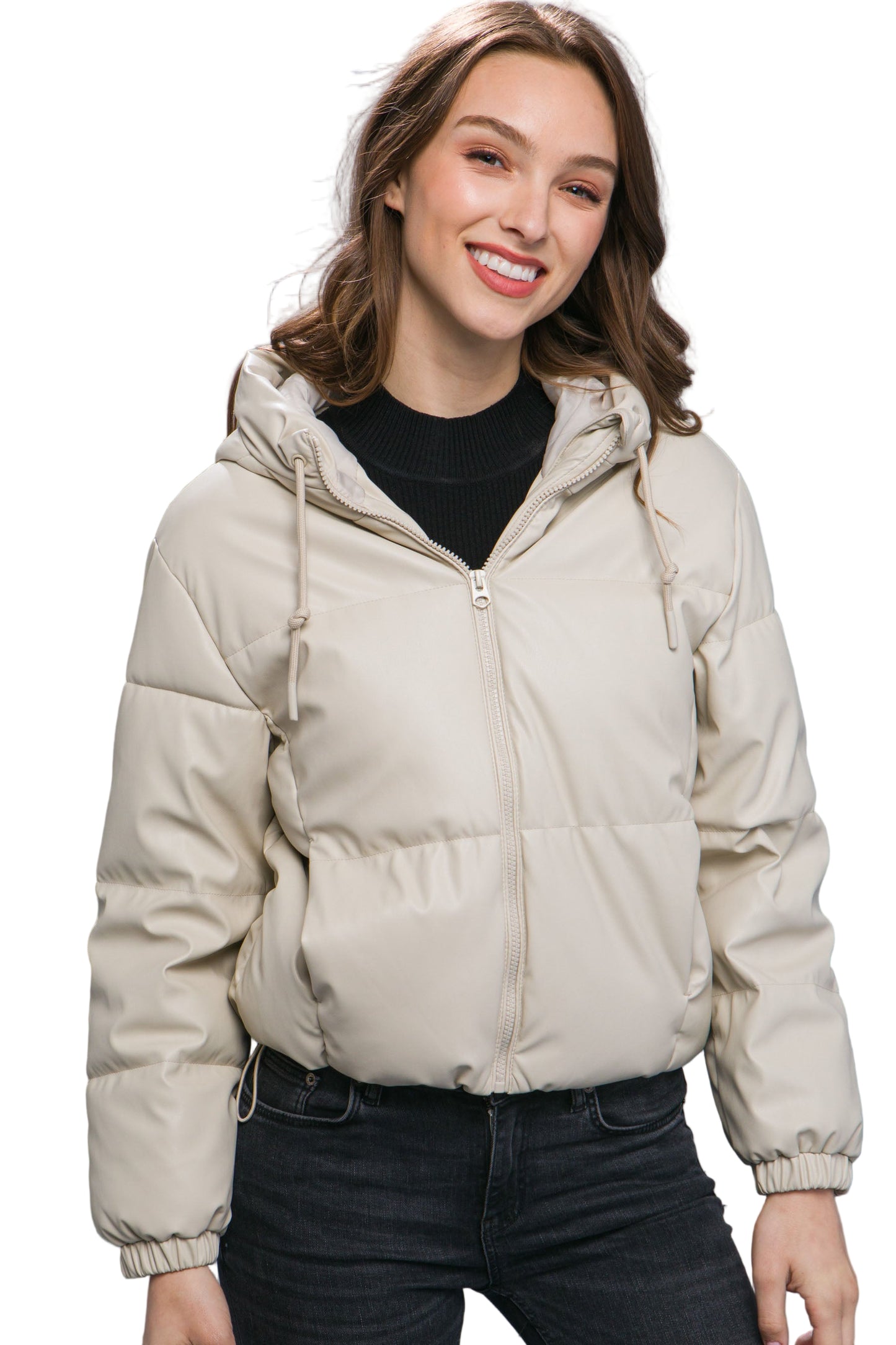Pu Faux Leather Zipper Hooded Puffer Jacket