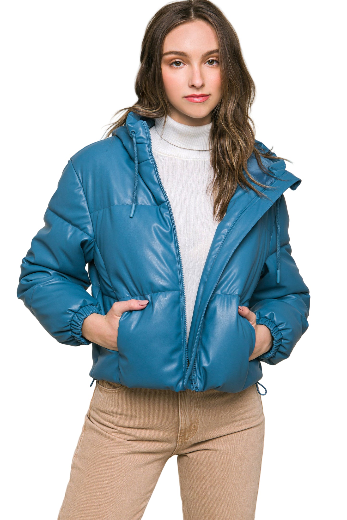 Pu Faux Leather Zipper Hooded Puffer Jacket