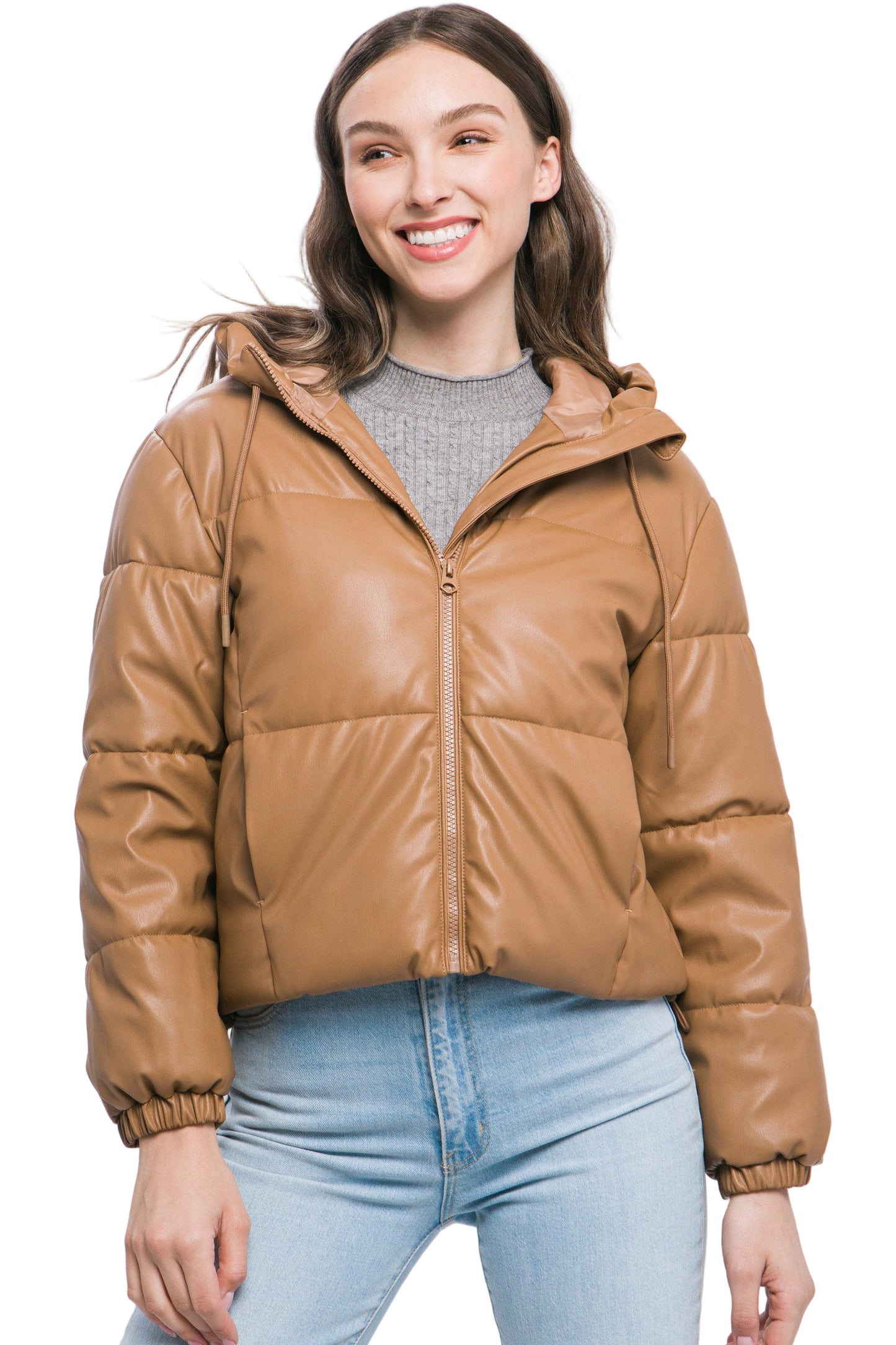 Pu Faux Leather Zipper Hooded Puffer Jacket