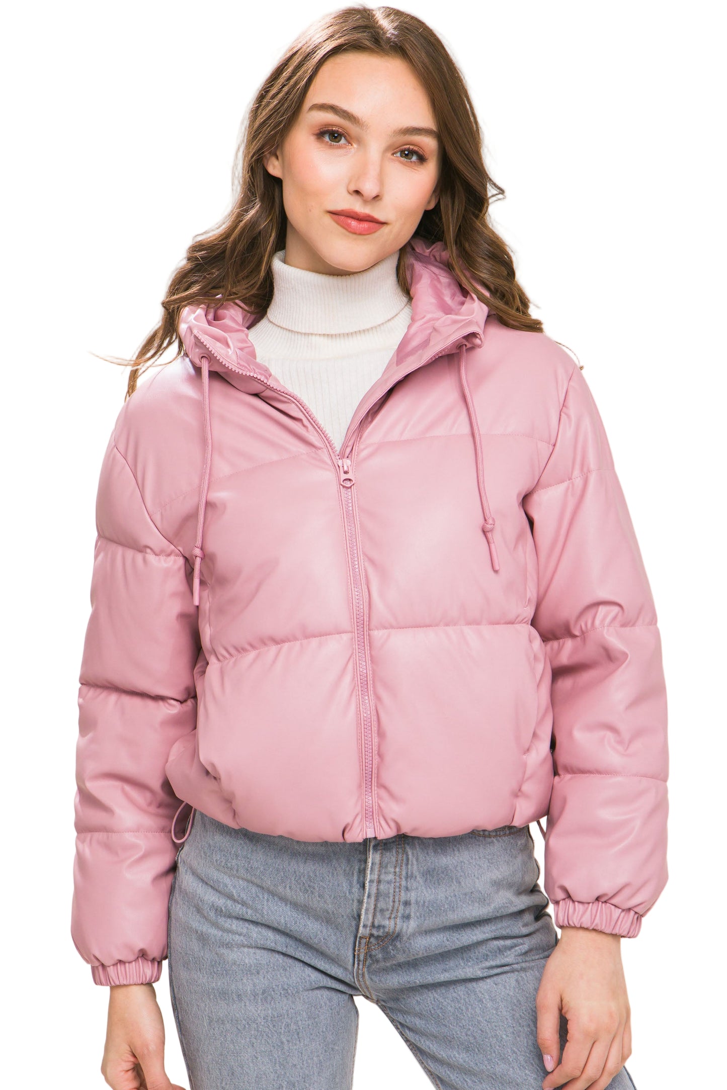 Pu Faux Leather Zipper Hooded Puffer Jacket