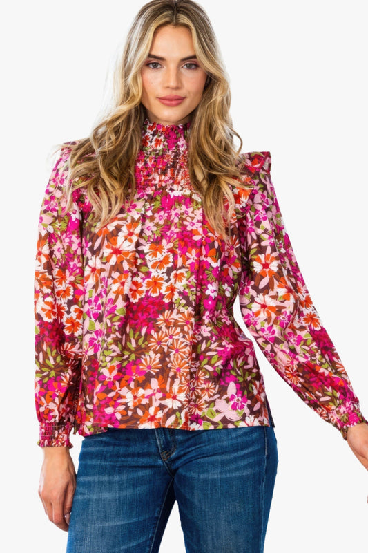 Floral Mock Neck Smocked Yoke Blouse