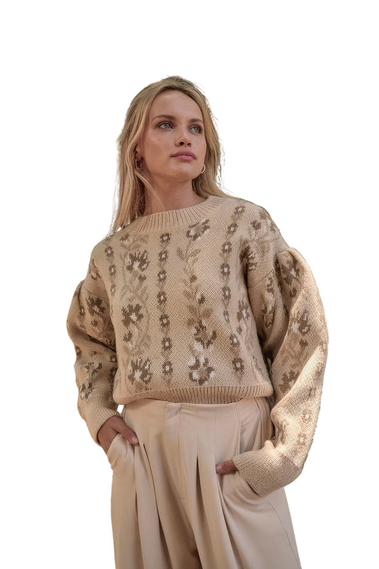 Floral Round Neck Long Sleeve Relax Fit Sweater