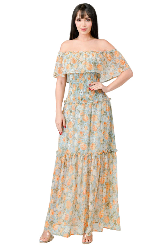 Floral Chiffon Off Shoulder Smocked Back Ruffled Tiered Maxi Dress