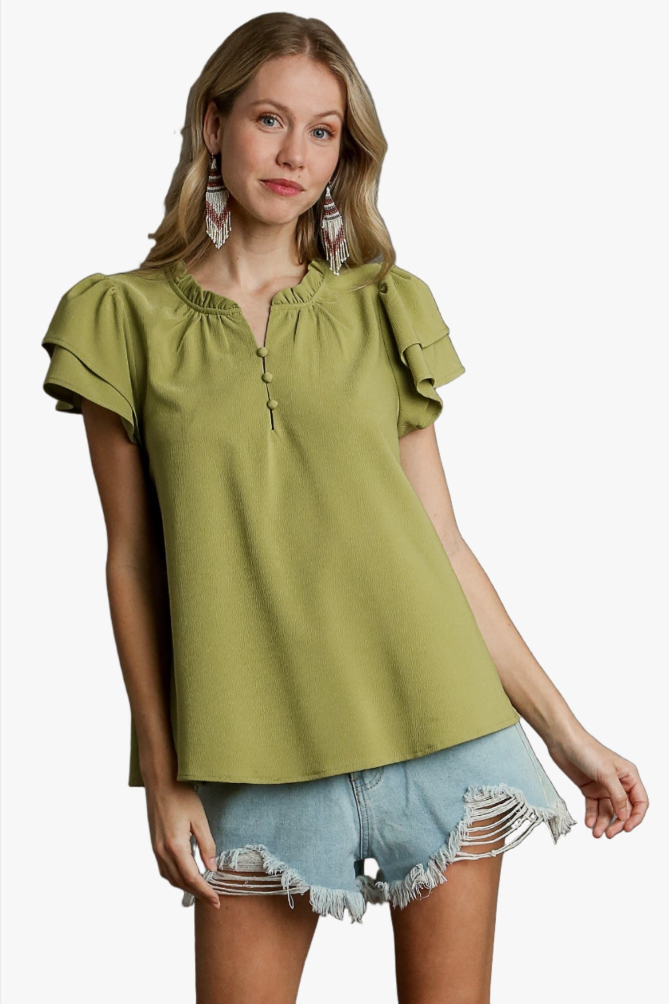 Boxy Cut Faux Button Ruffle Neckline Top With Short Layered Sleeves