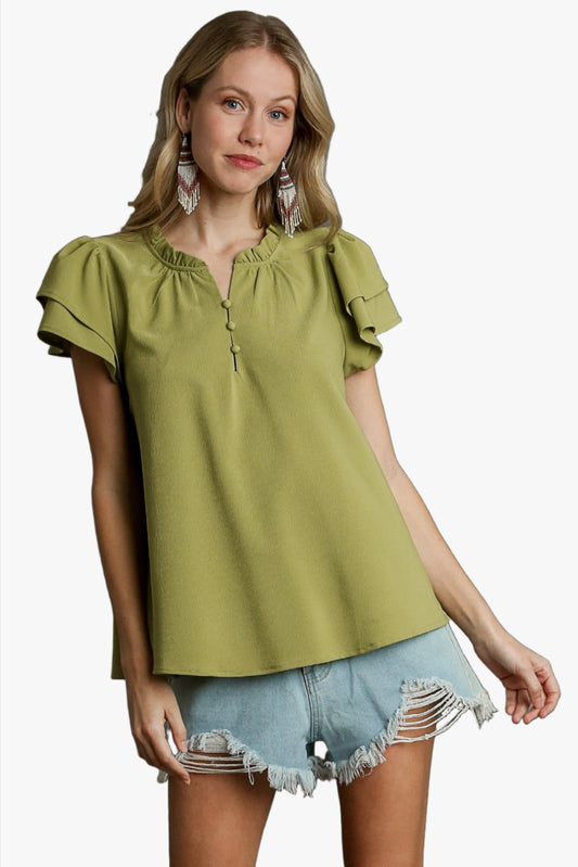 Boxy Cut Faux Button Ruffle Neckline Top With Short Layered Sleeves