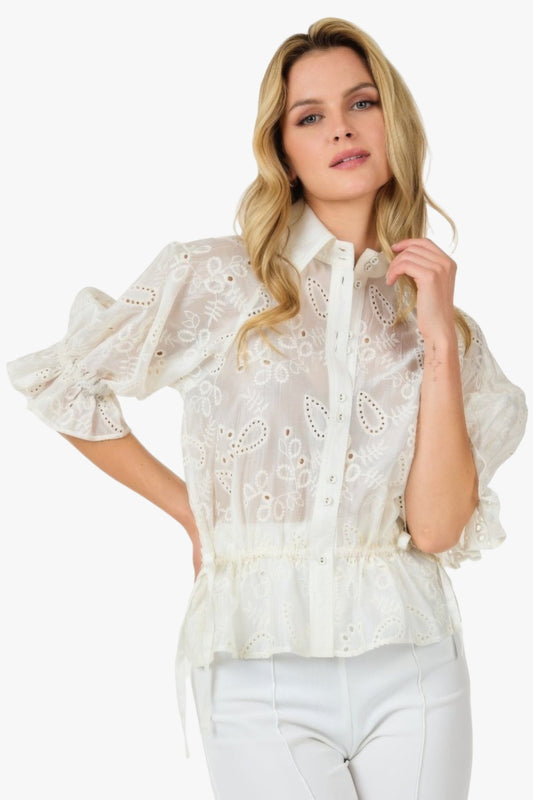 Button-down Collar Neck Embroidered Top