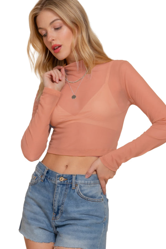 Long Sleeve Mock Neck Mesh Top