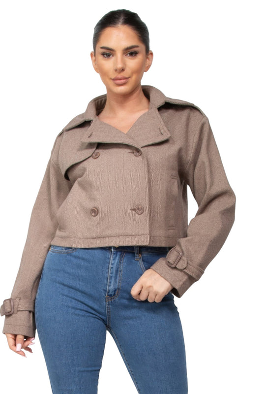 Notch Buckled Sleeve Crop Trench Coat